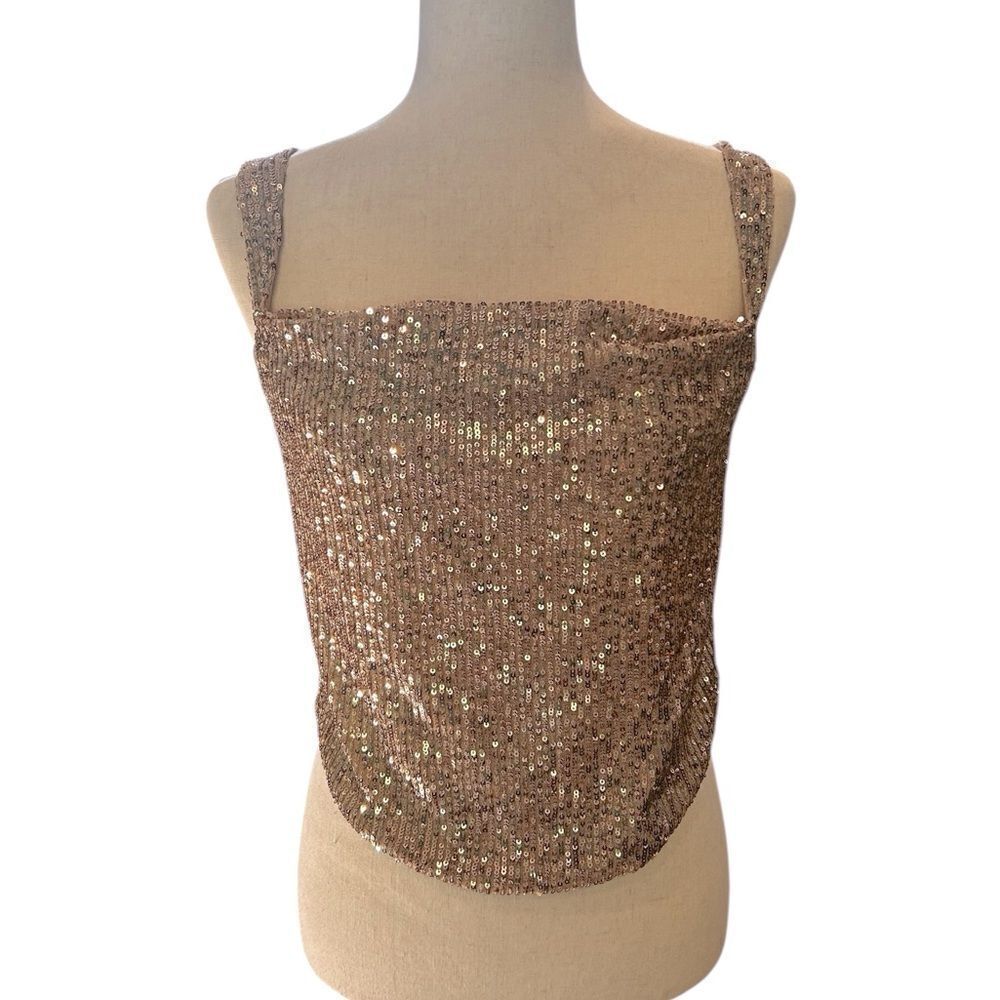 Anthropologie Tan Sequin Fitted Tank Top XS